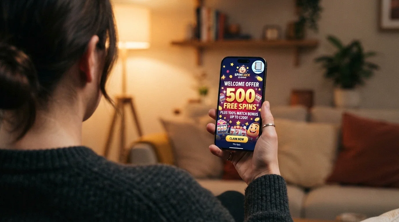 A sign-up screen on a smartphone showing a welcome offer with free spins, with a calendar indicating a recent launch date