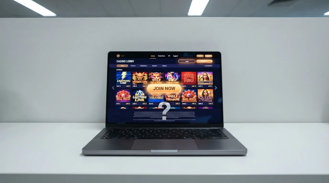 A sleek modern casino lobby interface on a laptop screen, the “Join Now” button glowing, with a faint question mark superimposed over the bonus terms text below