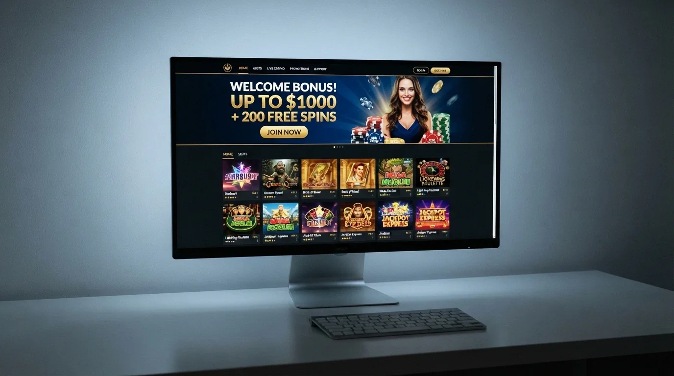 A fresh casino homepage with a prominent launch banner reading a welcome offer, against a clean modern interface