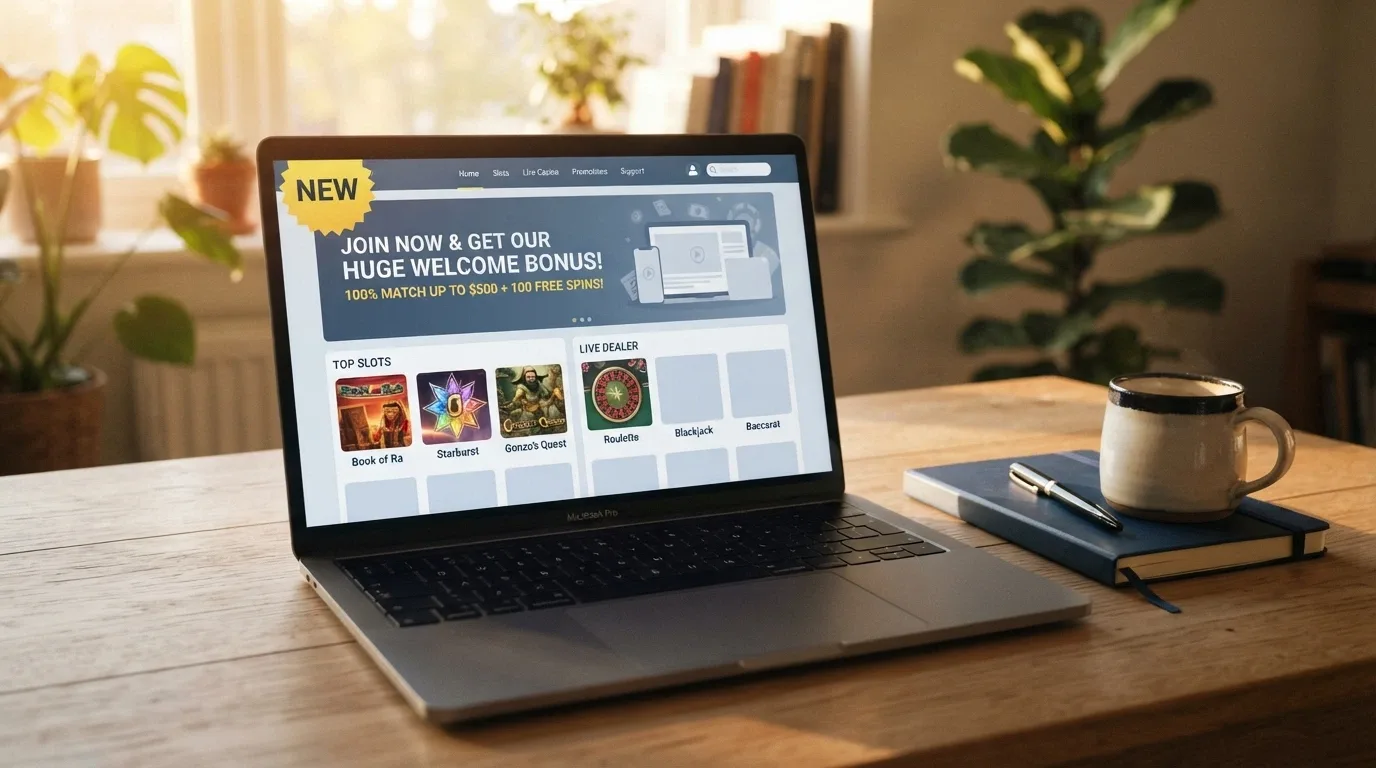 A “New” badge on a casino homepage next to a no-deposit bonus banner, with a calendar date and a small question mark icon