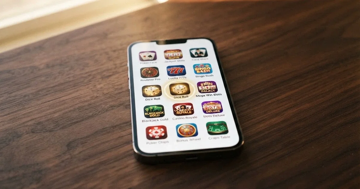 A smartphone screen showing a grid of colourful online casino app icons, with one highlighted as newly launched