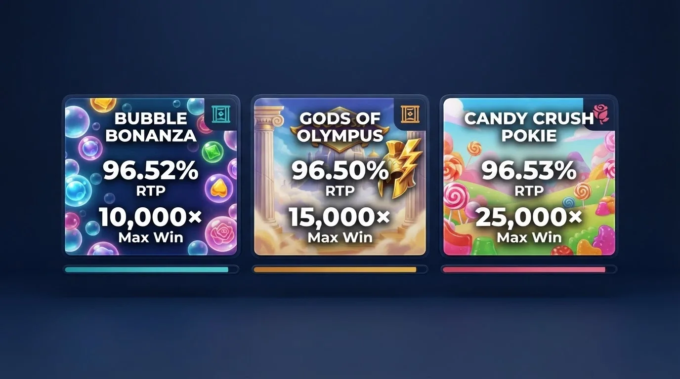 A collage of the newest pokie title cards — Bubble Up, Gates of Olympus 1000, Sweet Bonanza 1000 — with their RTP percentages overlaid