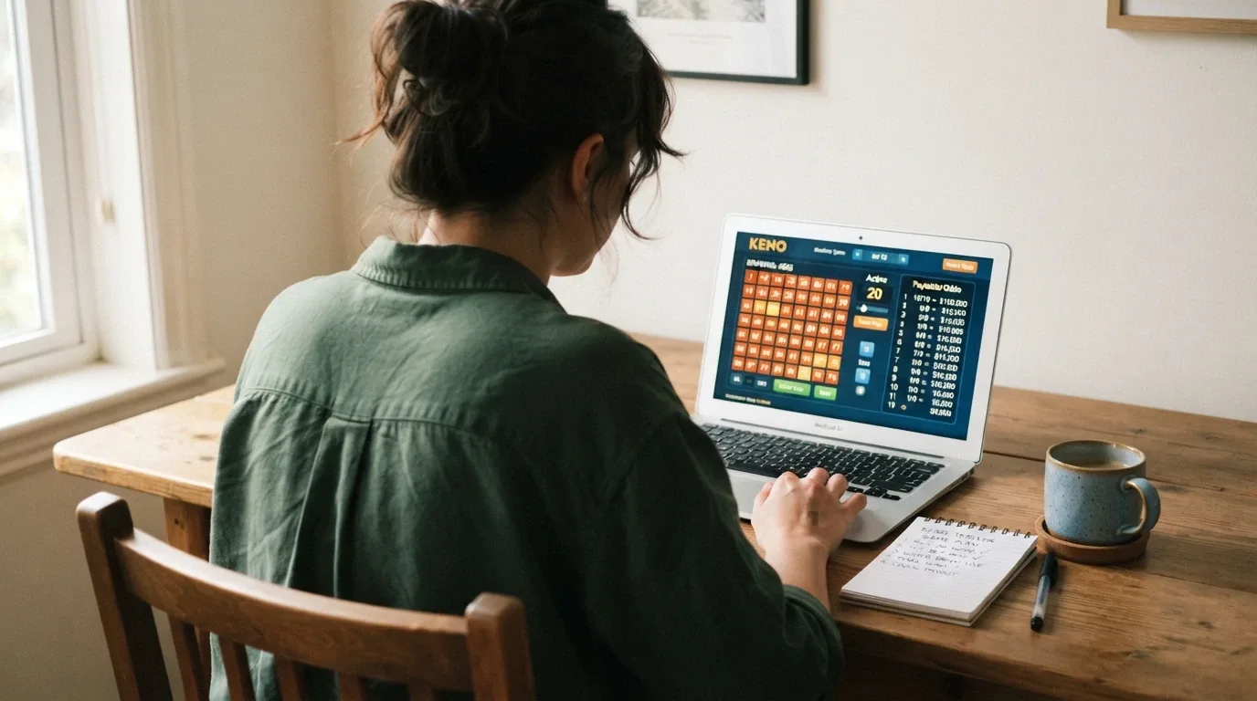 A player at a desk with a laptop open to a keno game, a notepad with a checklist visible — licence, T&Cs, RTP, deposit limit — and a cup of coffee to one side