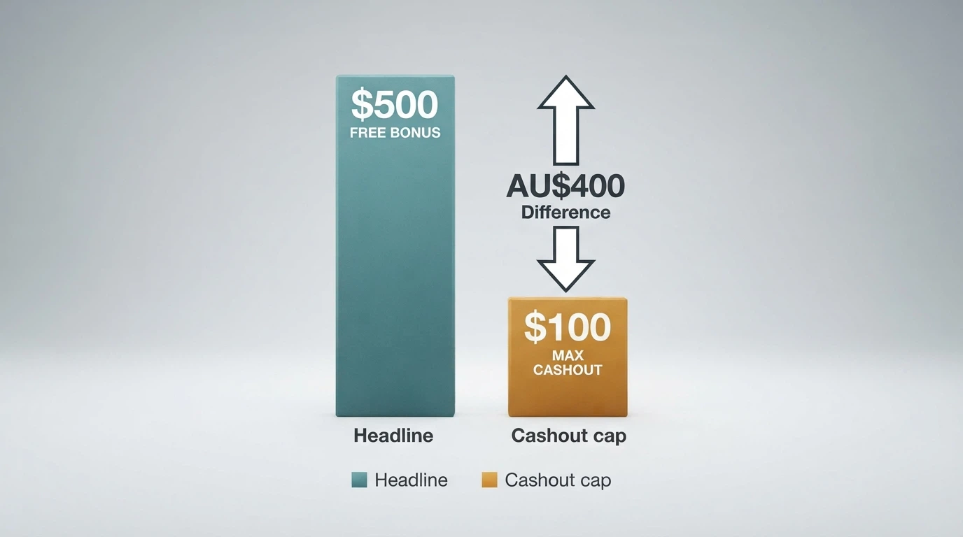 A split-screen comparison showing a no-deposit bonus headline value next to its actual cashout cap, with the cap highlighted