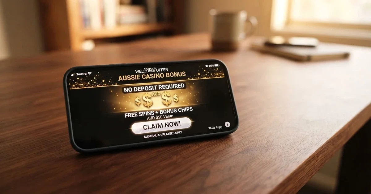 A smartphone displaying a casino bonus offer with Australian dollar symbols and a “No Deposit” badge, with a terms-and-conditions icon visible