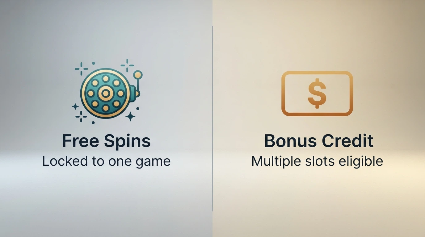 A split-screen comparison showing a free-spins bonus panel on one side and a bonus-cash credit panel on the other, each labelled with their key terms