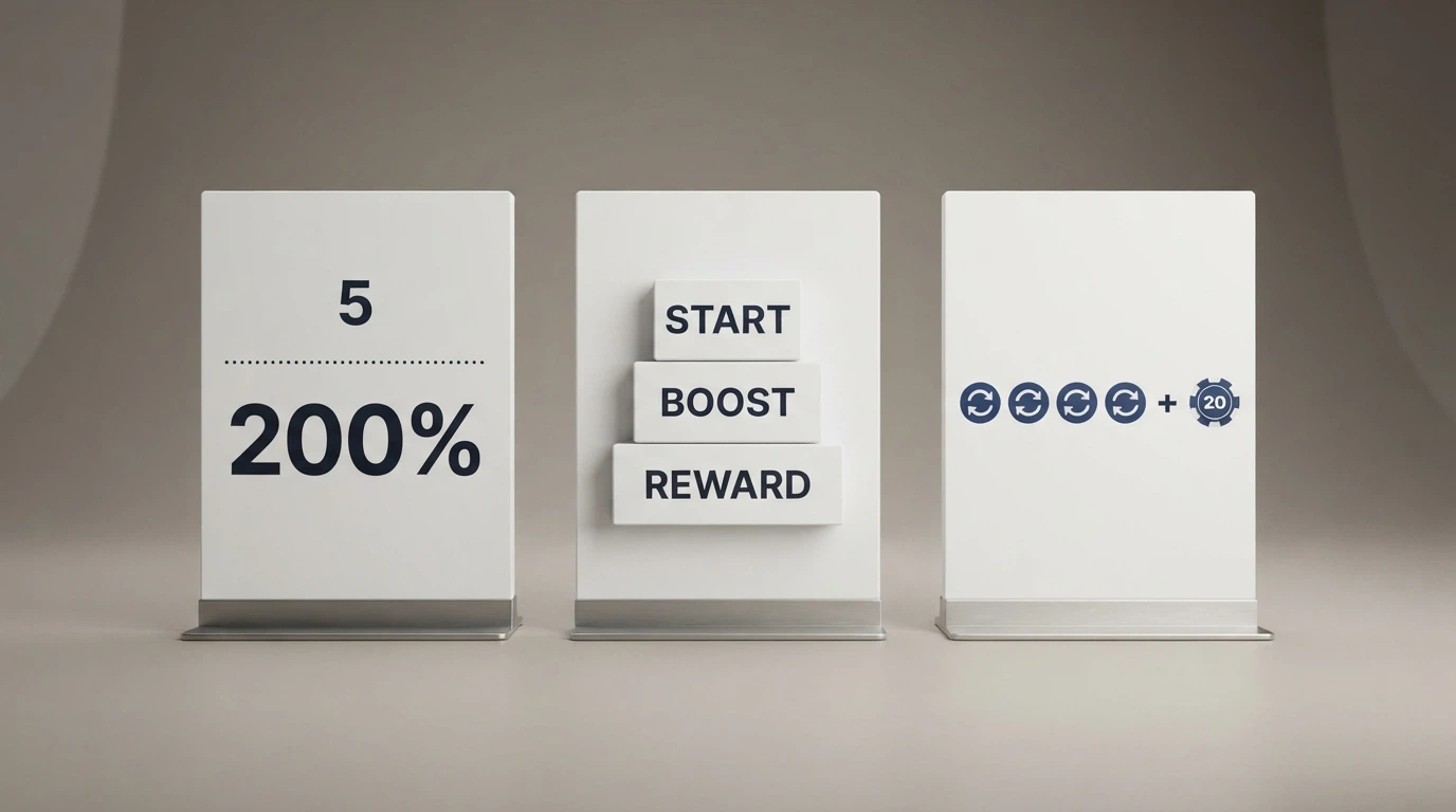 Three side-by-side illustrated diagrams showing how an advertised $200 bonus splits across a small no-deposit component, a deposit match and free-spin revaluation