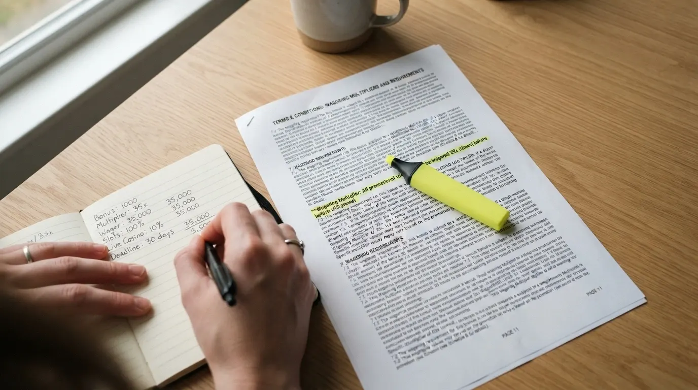 A close-up of casino bonus terms and conditions with a highlighter marking wagering requirements, a calculator and an Australian dollar note beside it