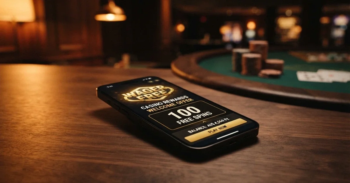 An online casino bonus offer screen displaying a wager-free or no-wagering claim next to free spins and a bonus amount