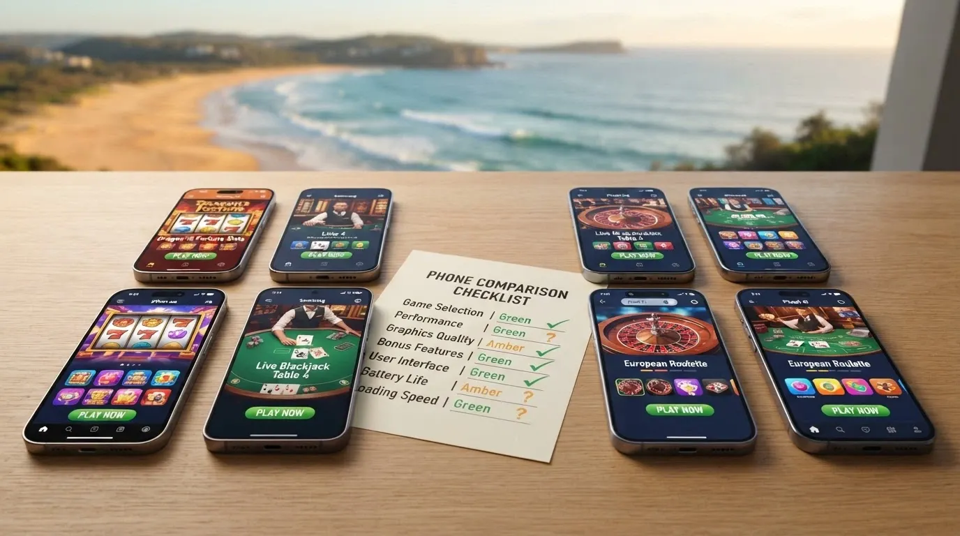 A grid layout of casino app home-screen previews with an Australian landscape in the background and a comparison checklist overlay