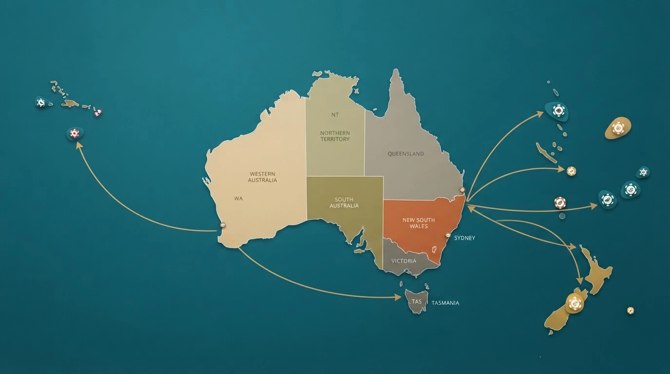 A map of Australia with arrows pointing outward to offshore casino icons positioned in the Caribbean and the Pacific