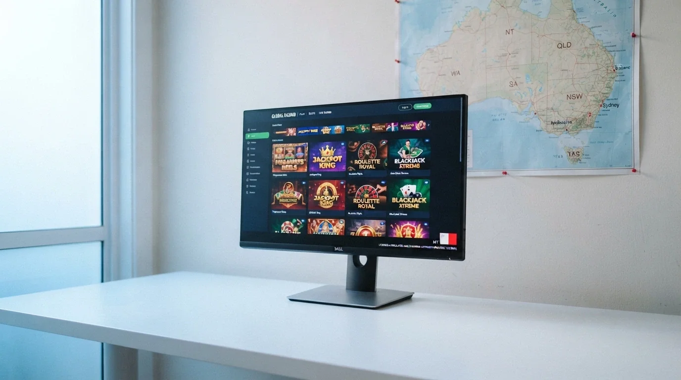 A computer screen showing an online casino lobby with a small Curaçao flag icon in the footer, with an Australian map visible on the wall behind the screen