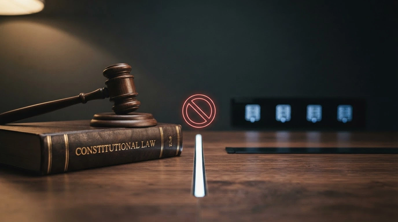 A gavel and the Interactive Gambling Act statute book on one side of a dividing line, with offshore casino server icons on the other, an ACMA blocking symbol between them
