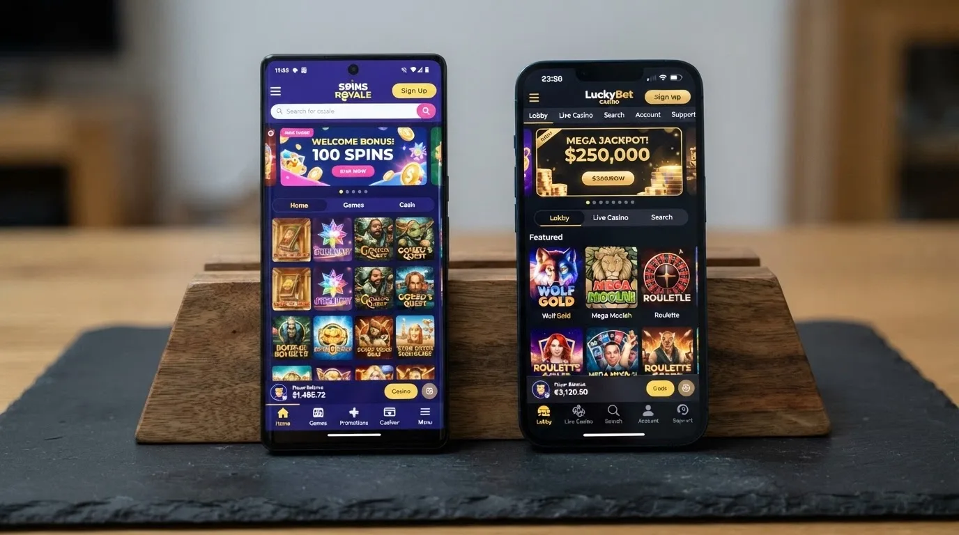 A side-by-side layout of mobile casino homepages on two different smartphone screens