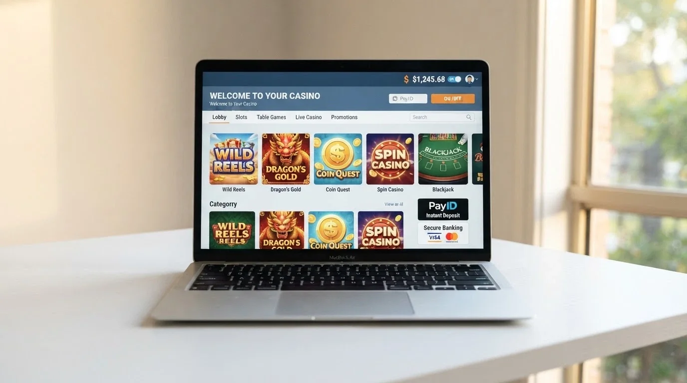 A side-by-side visual of casino landing pages with AU-friendly features highlighted — AUD currency toggle, PayID logo, Australian support hours
