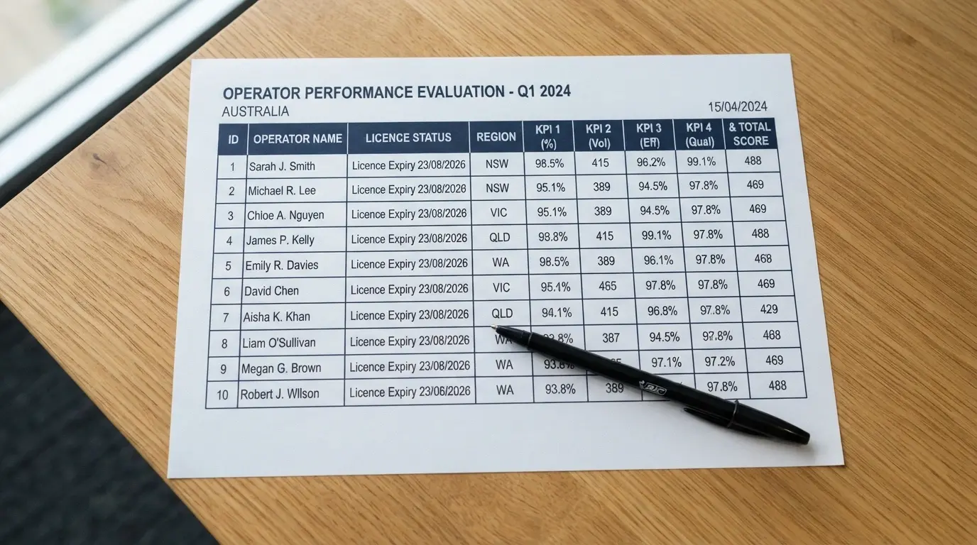 A comparison grid or scorecard-style layout with operator names and key figures arranged side by side, a pen resting on the page as if mid-evaluation