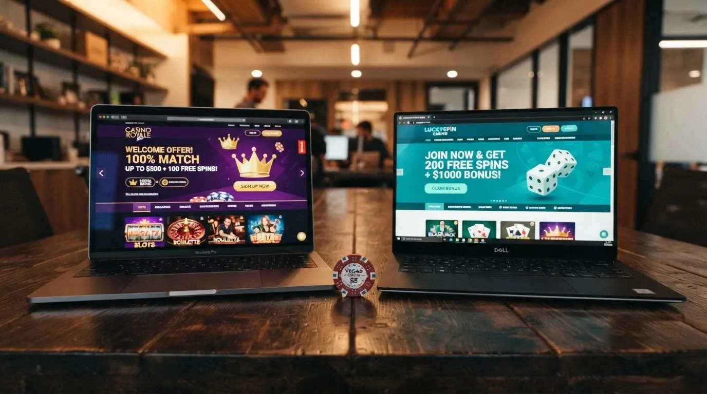 Side-by-side comparison of offshore casino homepages showing different welcome bonus offers aimed at Australian players