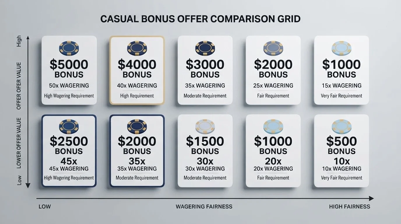 A visual comparison grid or map showing casino logos arranged by no-deposit offer value and wagering fairness, Australian context