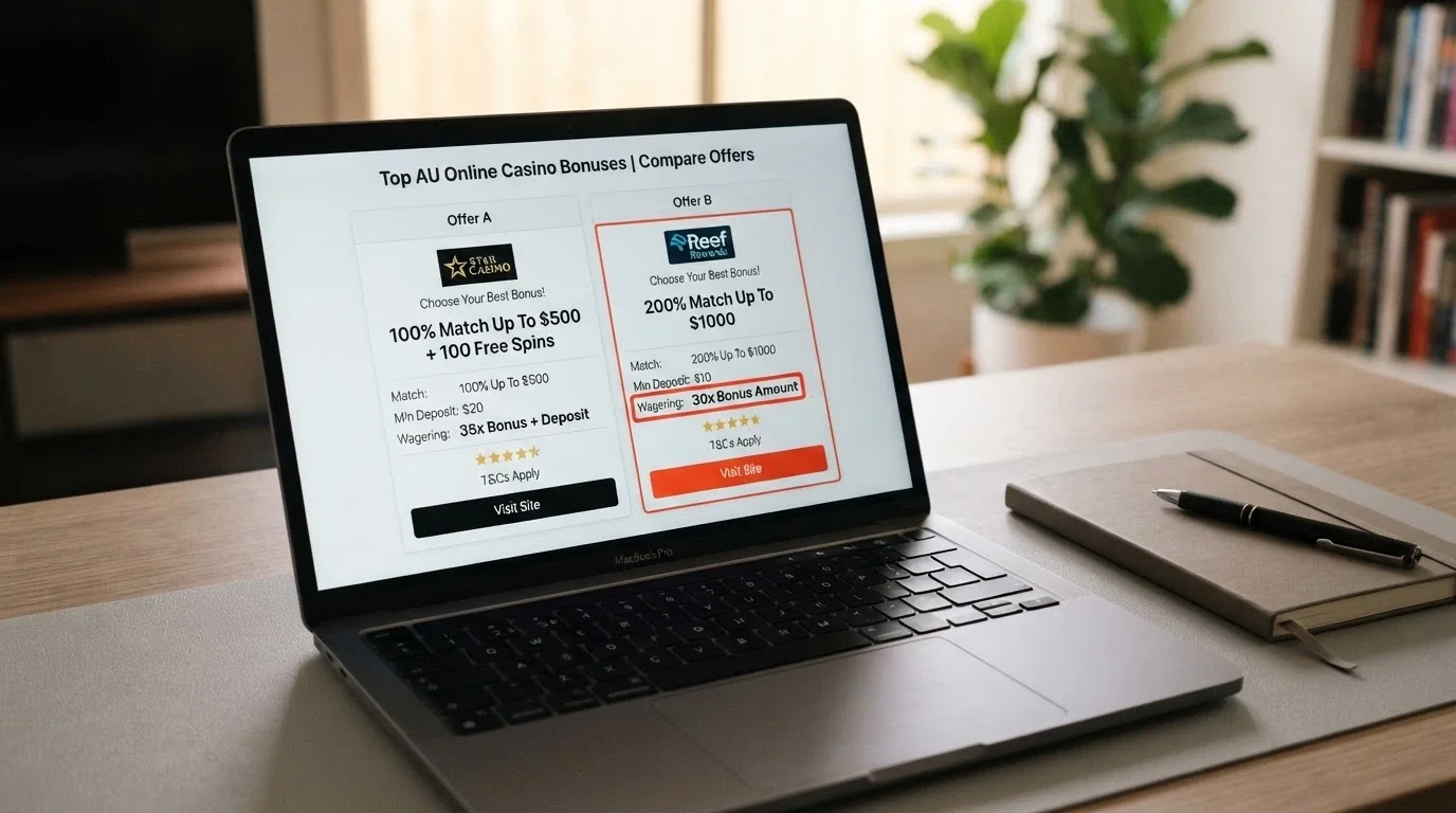 A side-by-side comparison layout of casino bonus offers on a screen, with different wagering figures highlighted