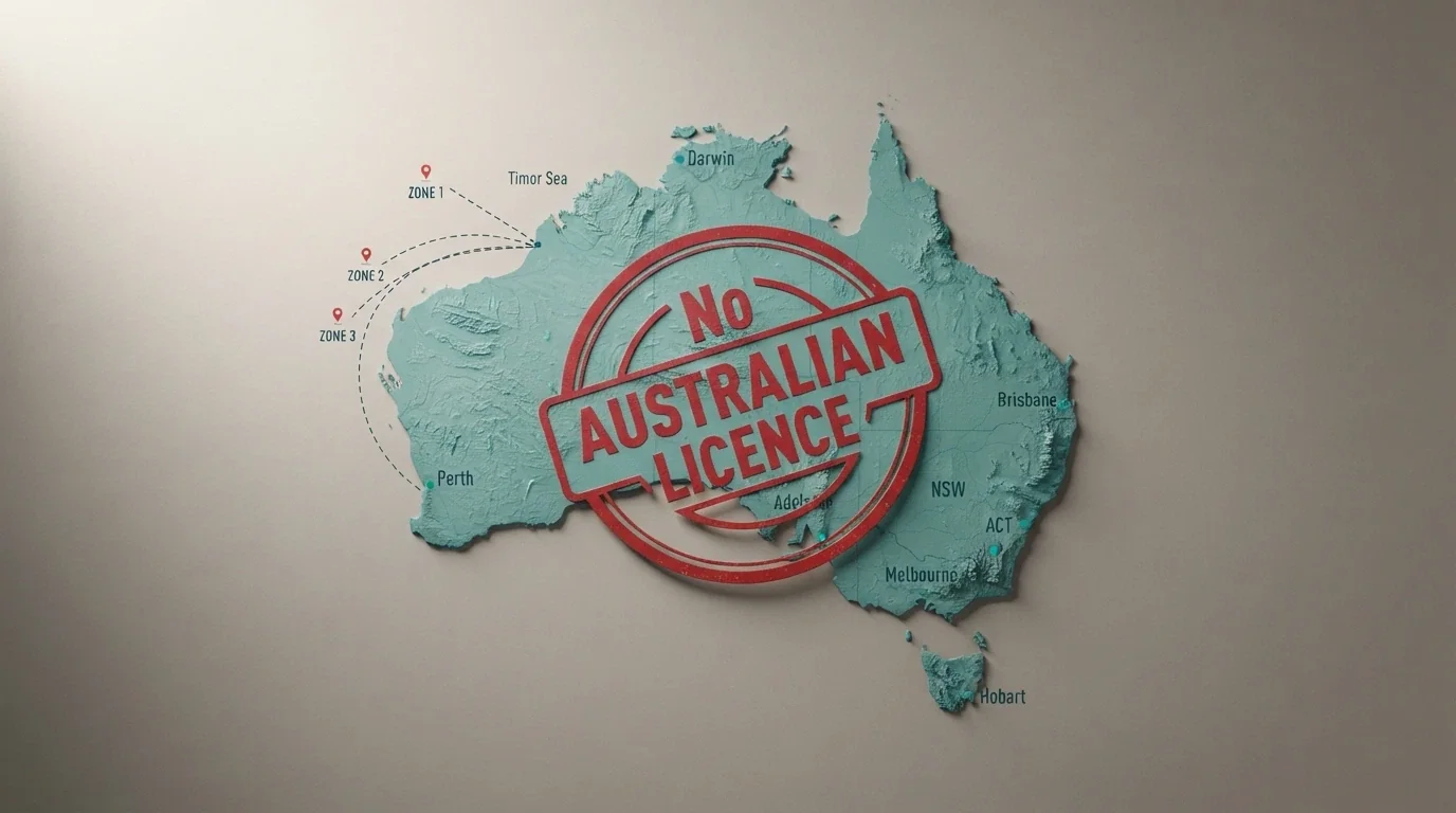 A stylised map of Australia with offshore casino jurisdictions (Curaçao, Anjouan) connected by dashed lines, overlaid with a red “No Australian Licence” stamp
