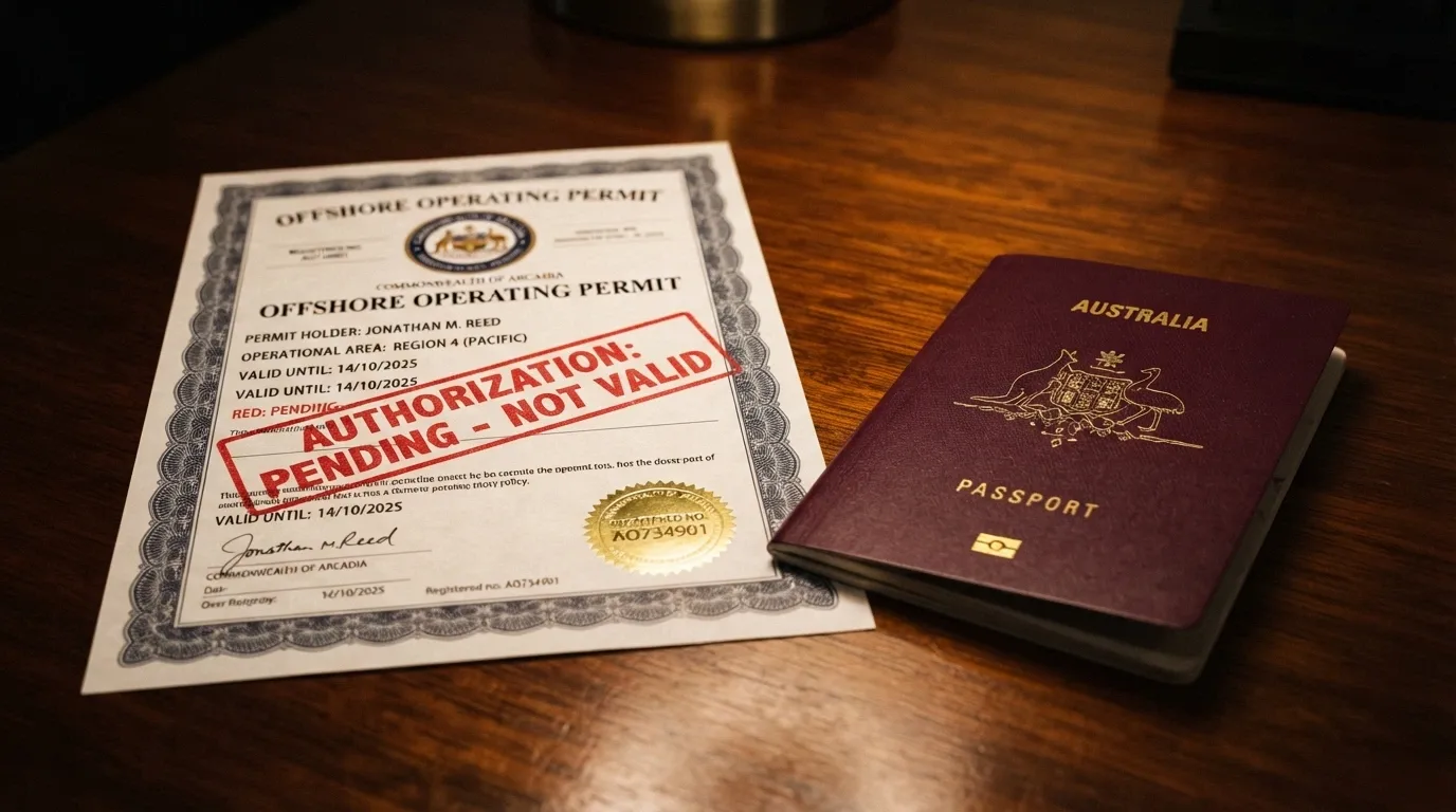 A Curaçao licence certificate document on a desk beside an Australian passport, with a red stamp reading “not recognised in Australia”