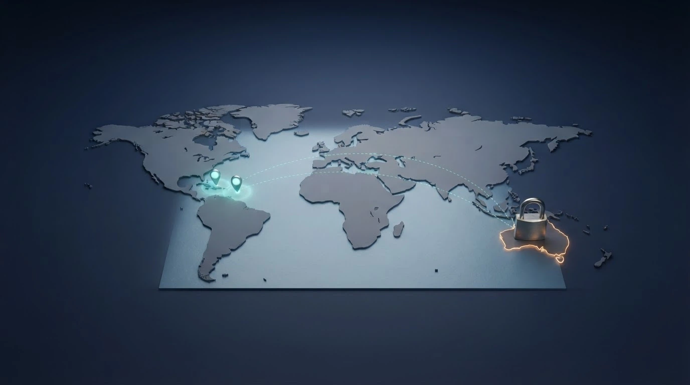 A world map with markers on Curaçao and Anjouan, connected by dashed lines to Australia, with a locked padlock icon over the Australian continent