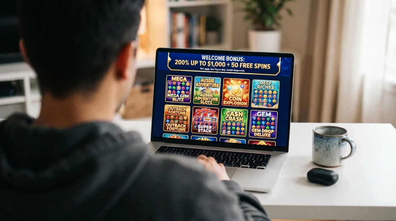 Laptop screen showing an offshore online casino game lobby with 7-reel slot thumbnails and a sign-up offer banner