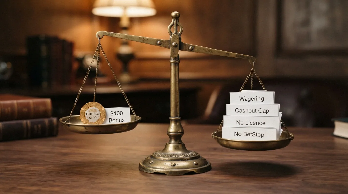 A balance scale illustration — one side holds a casino chip labelled “$100 Bonus,” the other holds a stack of documents labelled “Wagering,” “Cashout Cap,” “No Licence,” and “No BetStop”
