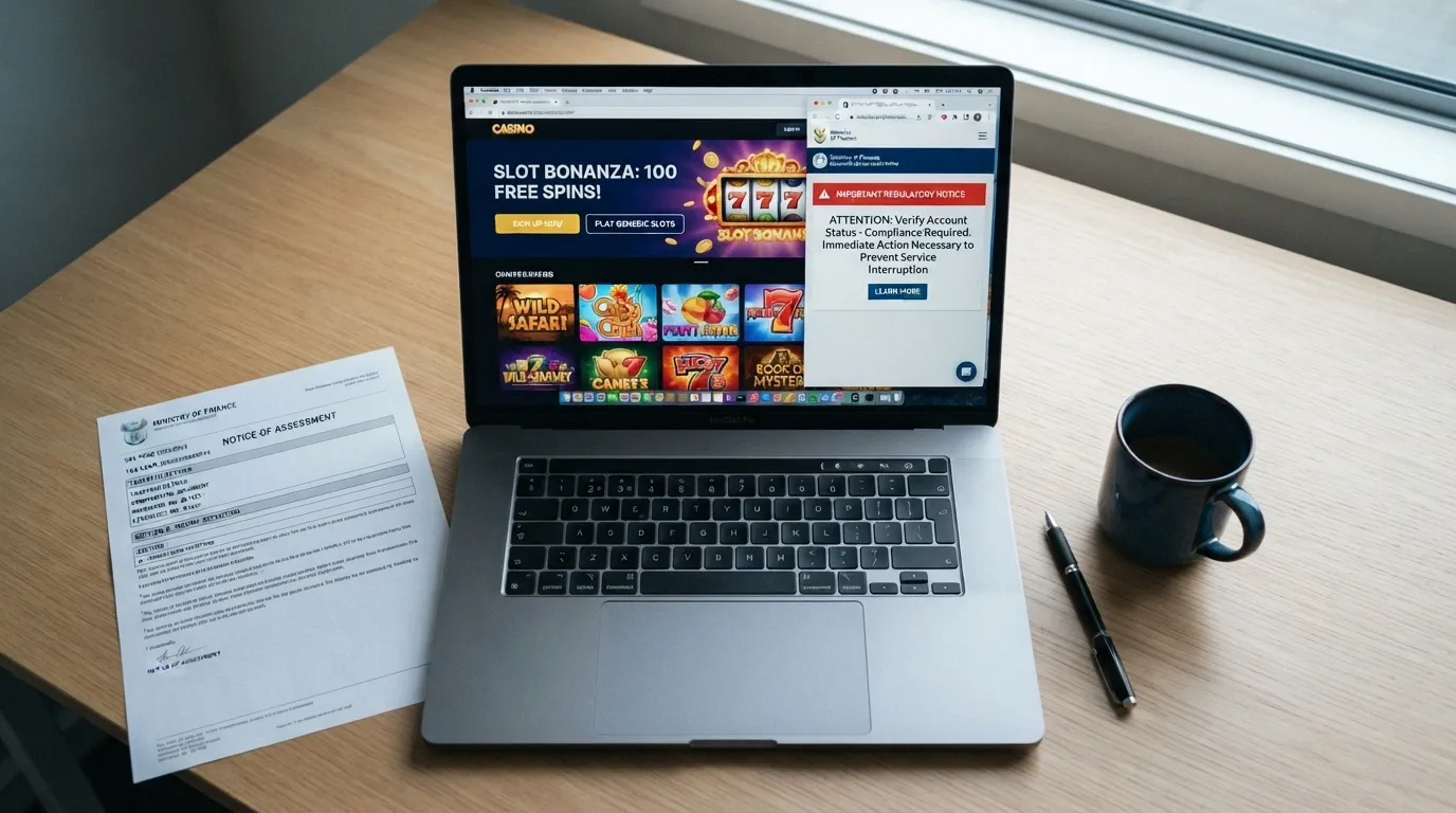 A laptop screen showing a casino landing page, with an ACMA enforcement notice and the Interactive Gambling Act document visible in separate windows beside it