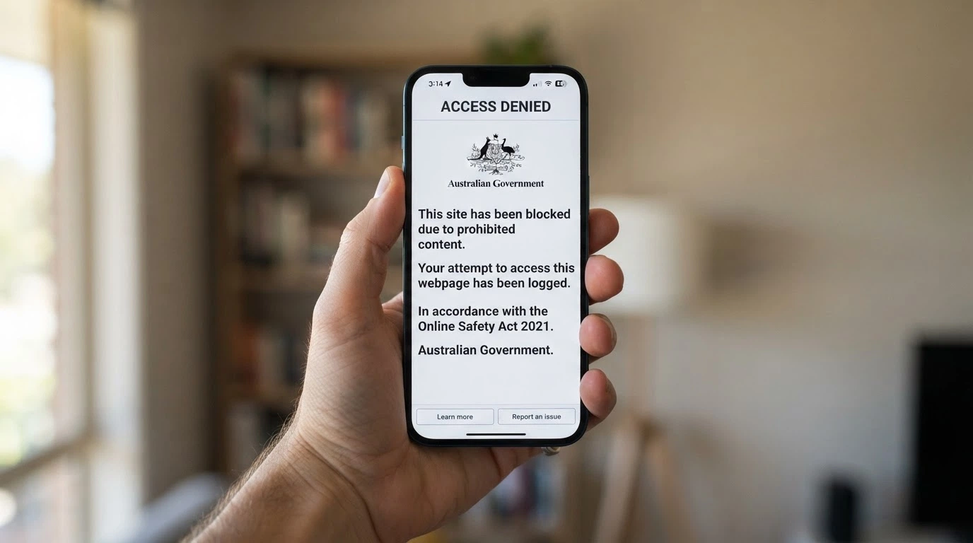 A smartphone screen showing an ACMA blocking notice — a white page with official Australian government branding and a message that the site is inaccessible