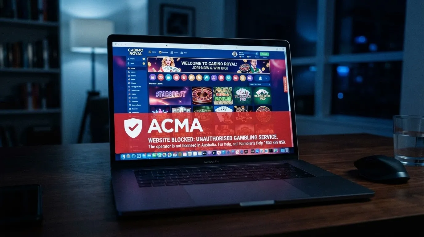 A laptop screen showing an offshore casino homepage targeting Australian players, with an ACMA warning overlay