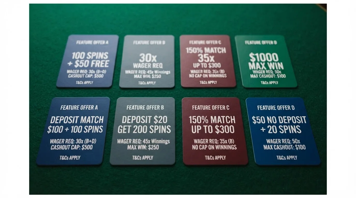A side-by-side visual comparison of casino-brand cards showing spin count, wagering figure and cashout cap for each