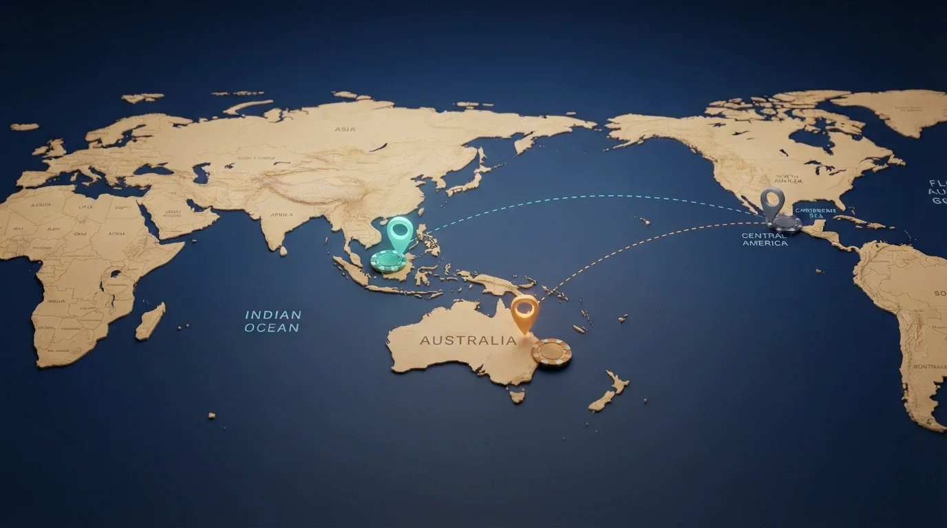 A simplified world map centred on Australia with three highlighted pins on Curaçao, Anjouan and Costa Rica, each connected to Australia by a dashed line, with a casino chip icon at each pin