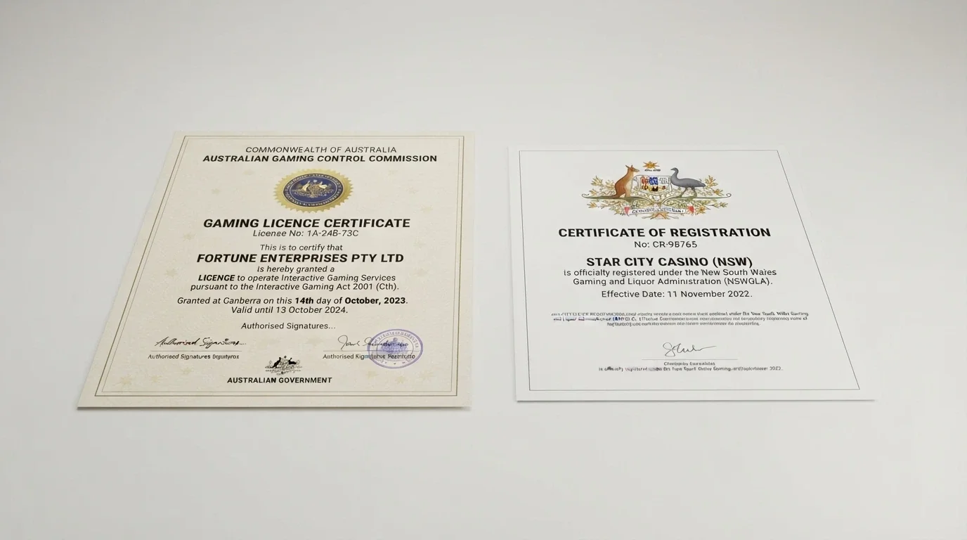 A document mockup showing a Curacao gaming licence certificate next to an Australian coat of arms with a visible separation between them
