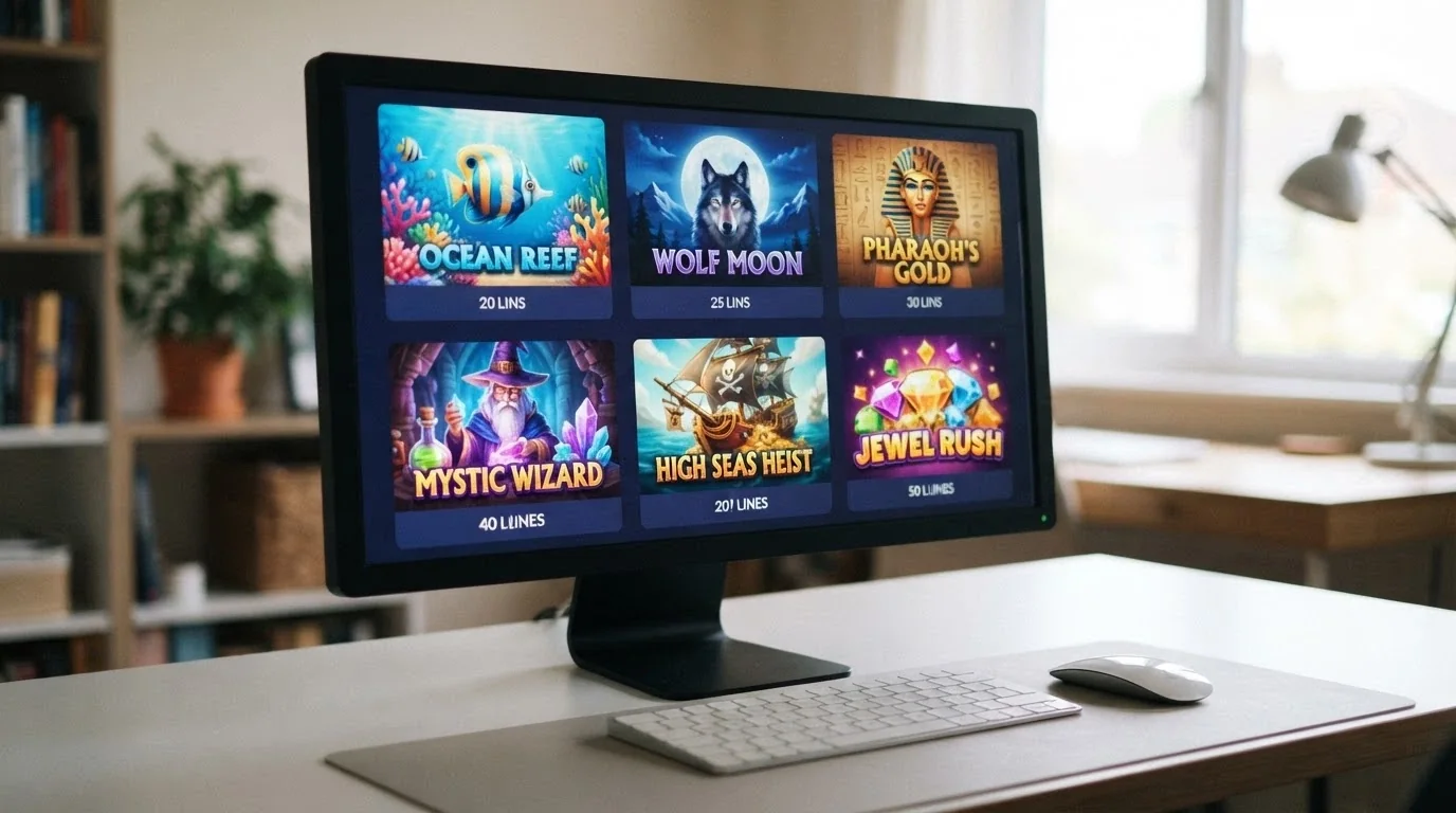 A desktop screen displaying several casino lobby thumbnails side by side, each showing a different 5-reel pokie title card