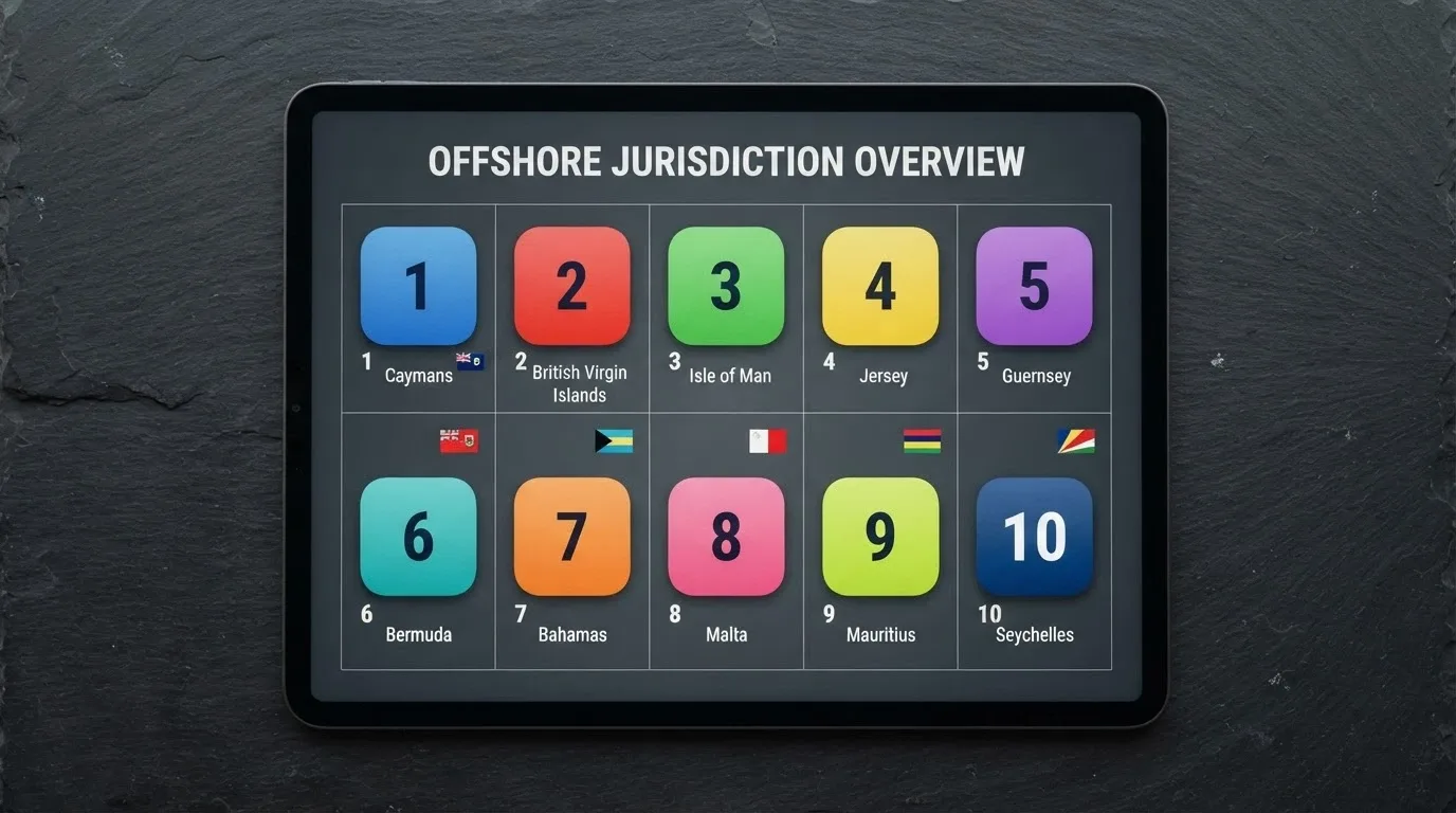 A grid of simplified operator app icons or mobile site home screens arranged in ranking order, each with a small flag indicating its offshore jurisdiction where known
