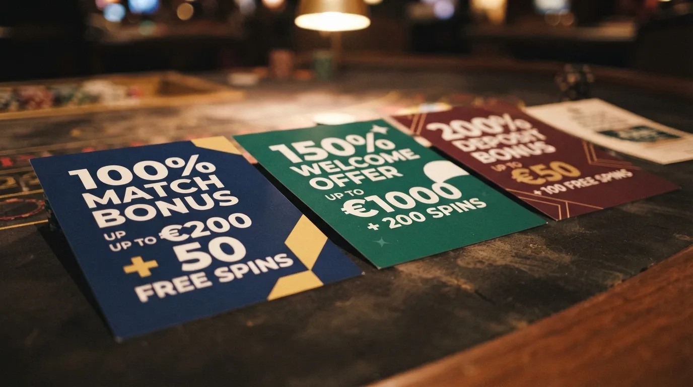A side-by-side arrangement of welcome-offer banners from several online casinos, each showing a different match percentage and free-spin count