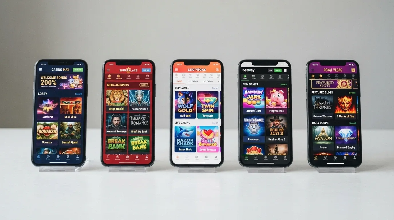 A side-by-side arrangement of smartphone screens each showing a different pokies lobby from an offshore casino
