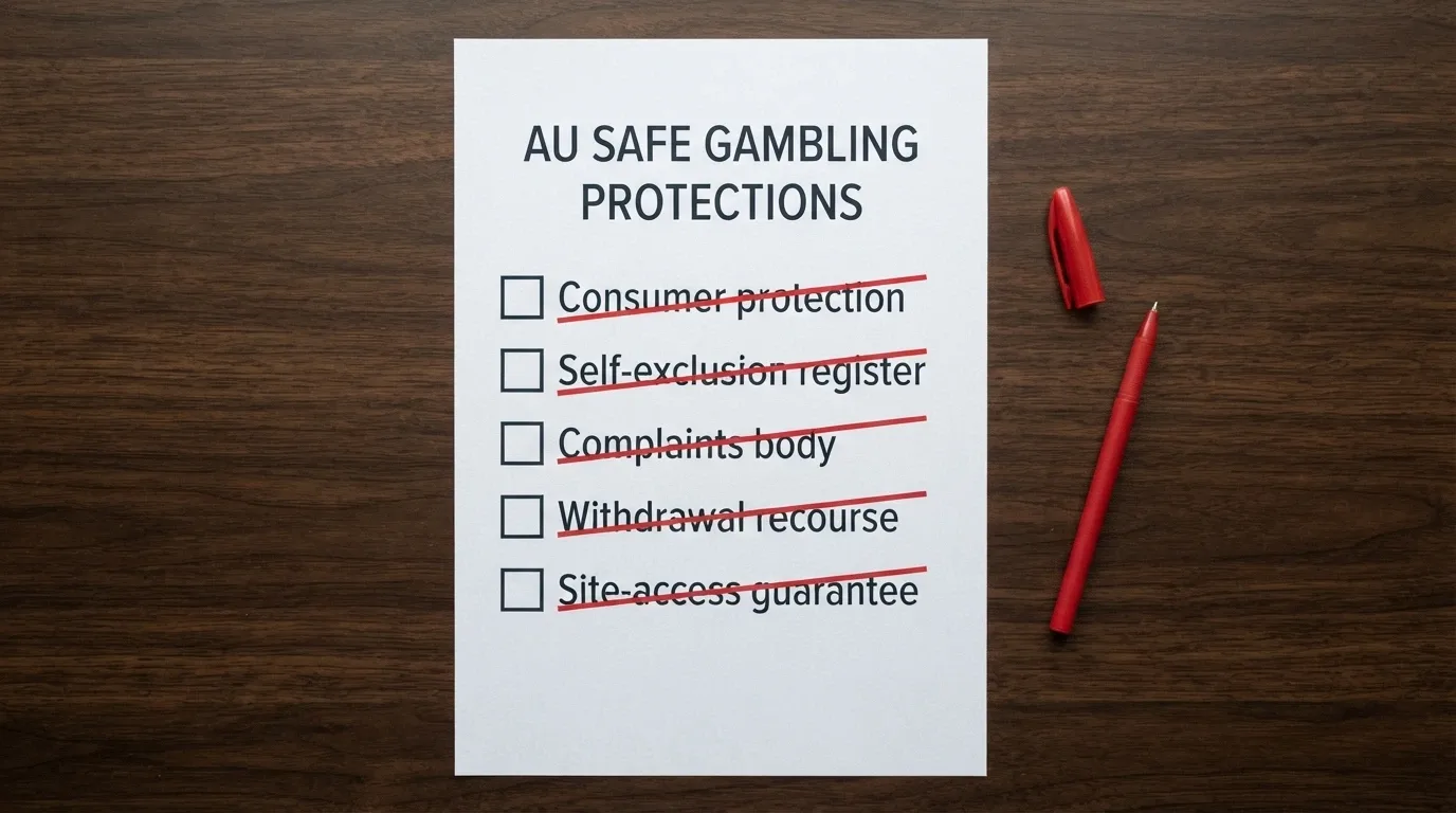 A checklist with every item struck through: consumer protection, BetStop, complaints body, withdrawal recourse, site-access guarantee
