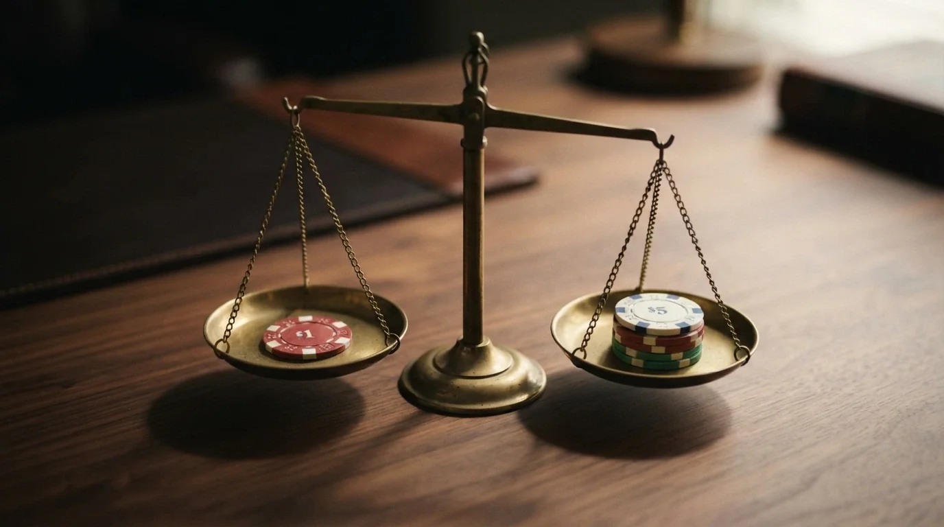 An Australian one-dollar coin on one side of a balance scale, with a small stack of poker chips on the other, showing the asymmetry between deposit and cashout value