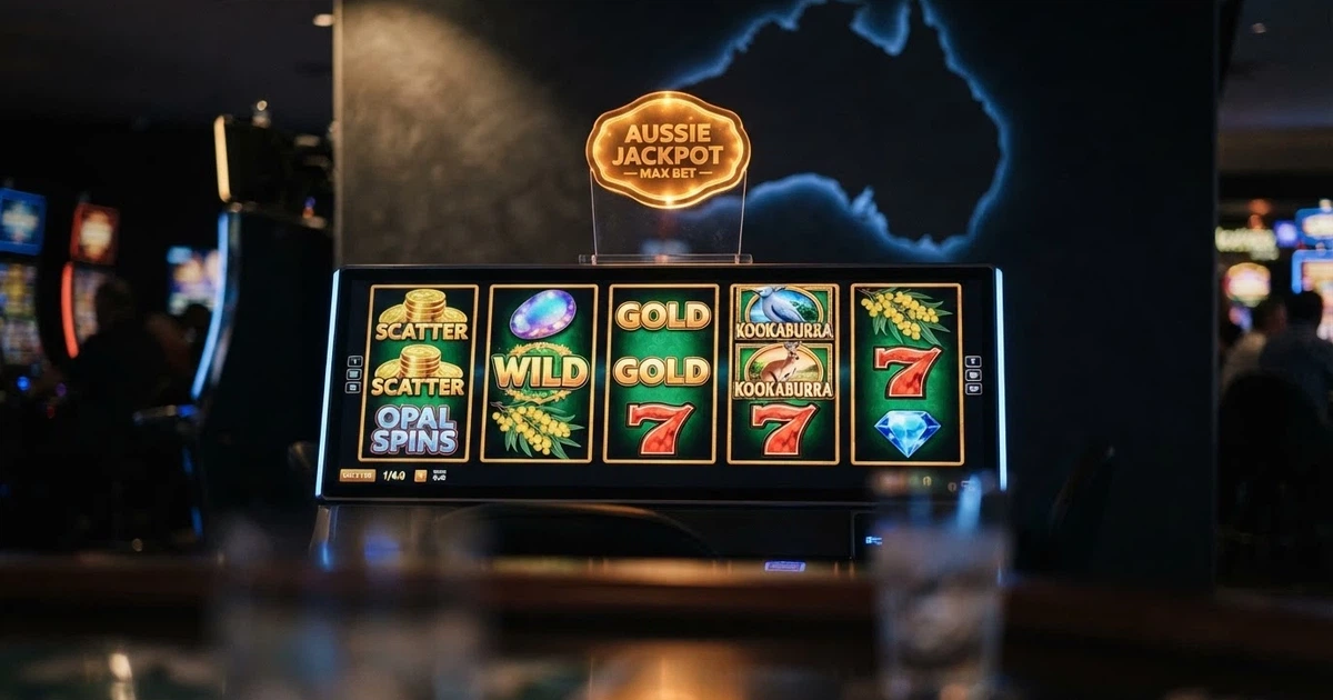 A row of colourful online pokies reels with a glowing badge reading free spins, set against a darkened background with a subtle Australian map outline