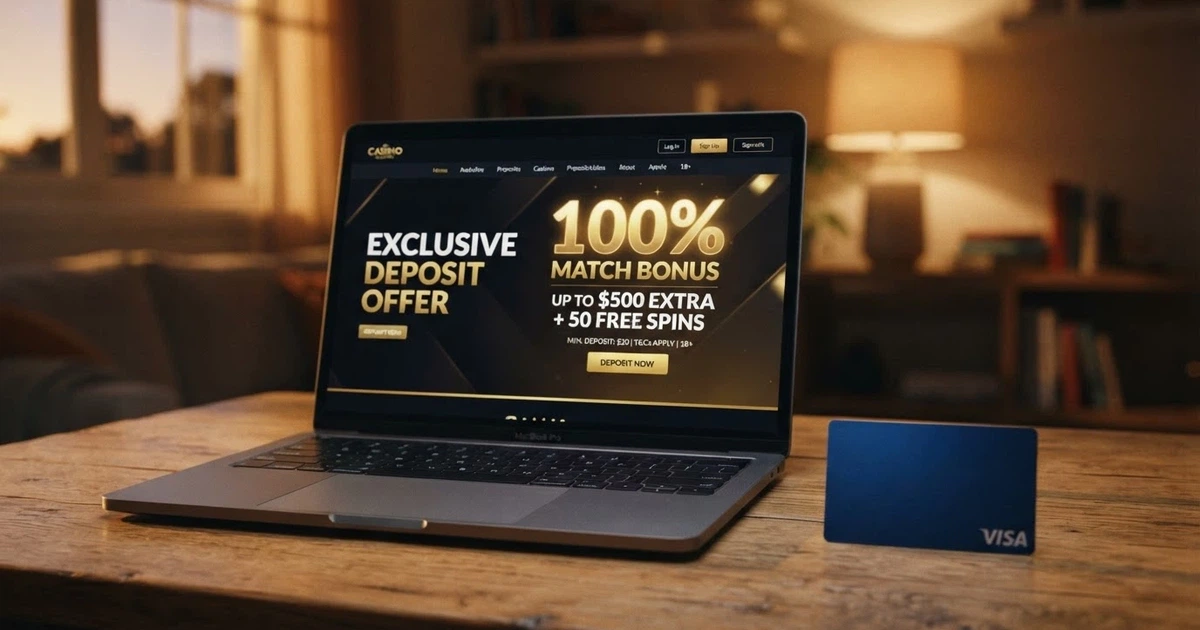A laptop screen displaying an online casino promotions page with a reload bonus offer highlighted, an Australian bank card resting beside the keyboard