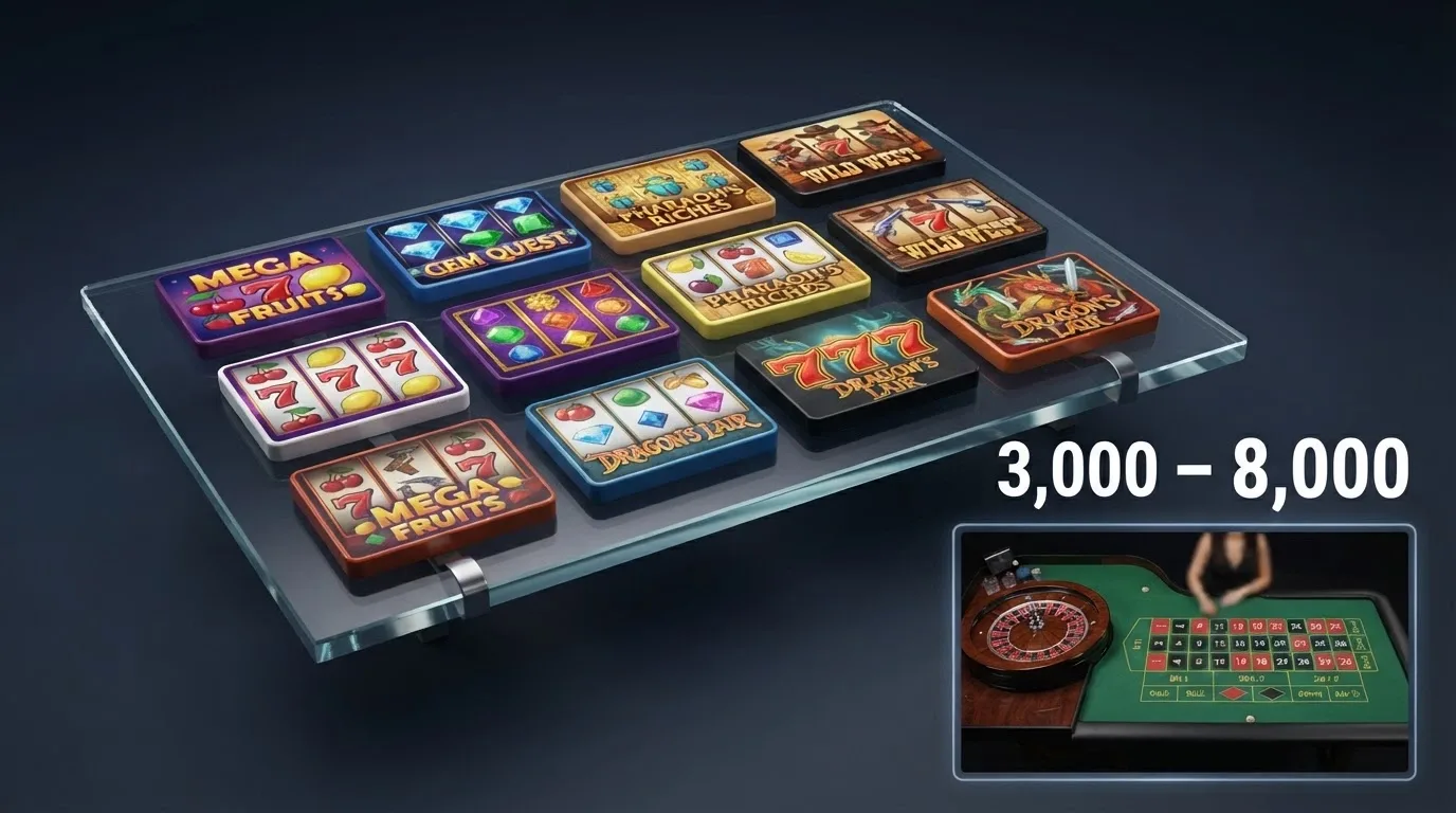 A grid arrangement of colourful slot-game tiles and a live-dealer table inset, with a numeric counter showing the range 3,000 to 8,000
