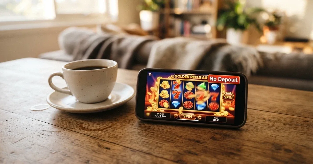 A smartphone displaying a colourful online pokies game screen with a “No Deposit Bonus” badge overlaid, resting on a wooden table beside a cup of coffee