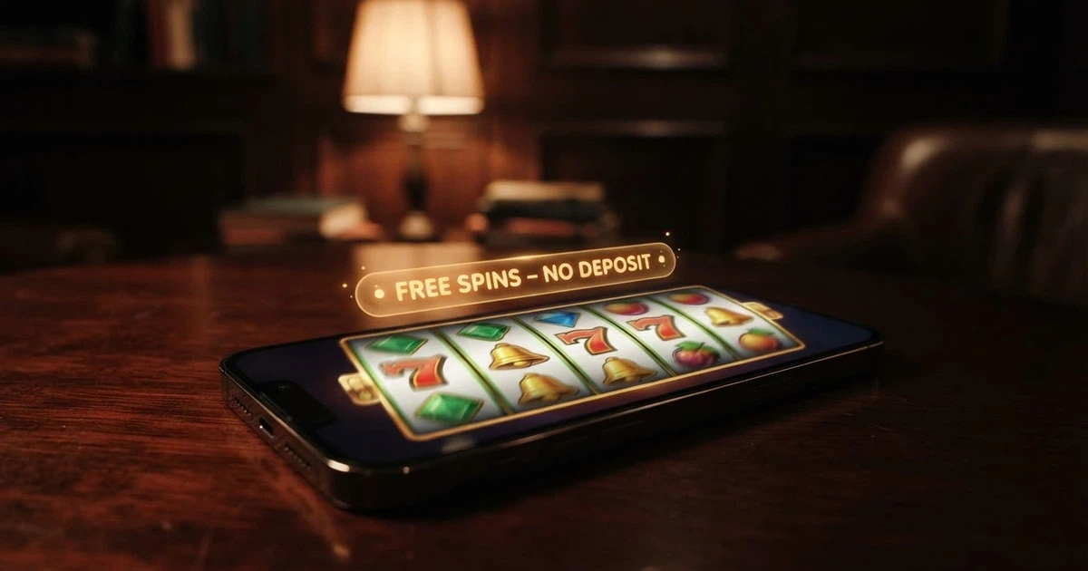 A smartphone screen showing a row of colourful online pokies reels with a glowing “Free Spins – No Deposit” badge across the top