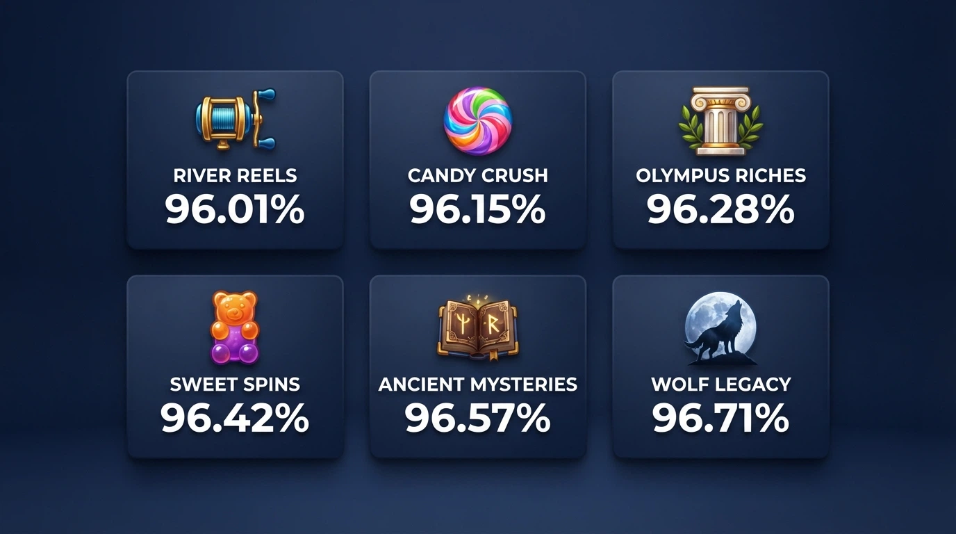 A grid of six popular online pokie title cards — Big Bass Bonanza, Sweet Bonanza 1000, Gates of Olympus, Sweet Bonanza, Book of Dead and Wolf Gold — with their RTP percentages displayed beneath each one