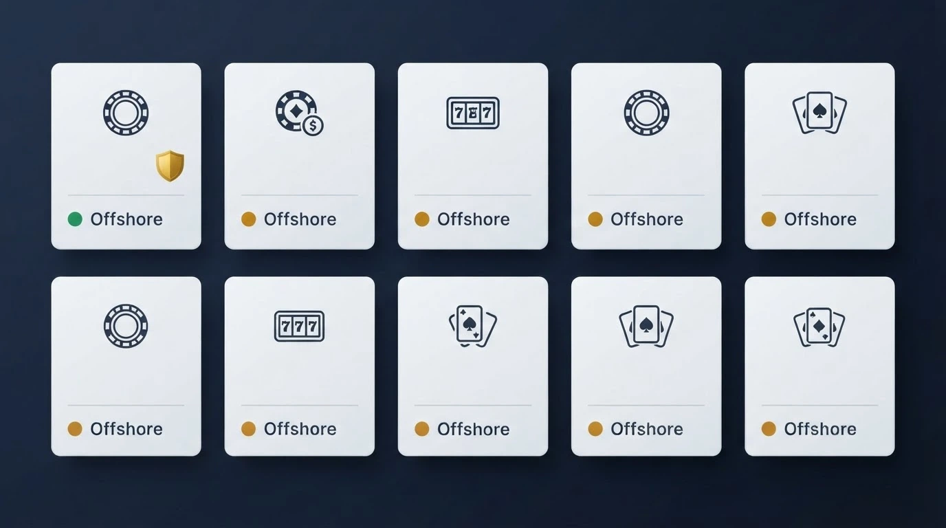 A grid-style comparison layout showing casino names alongside bonus-type labels and licence-status markers