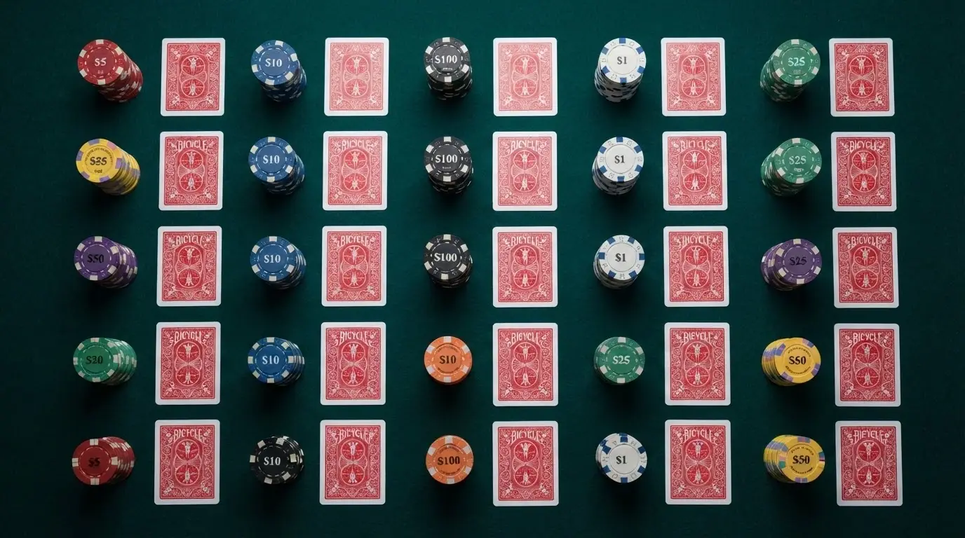 A grid of casino-branded chip stacks and playing cards arranged as a comparison layout