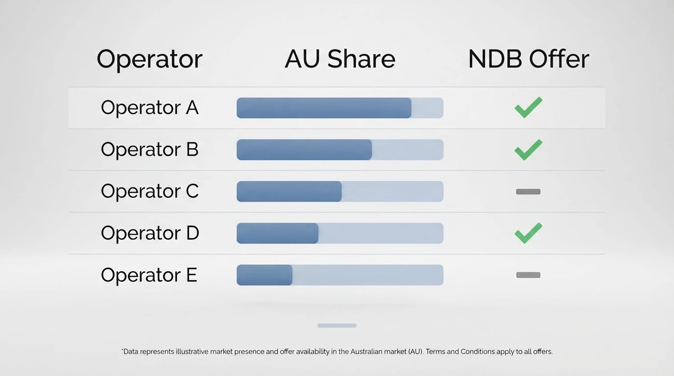 A comparison-table layout with operator names, market-share bars and green ticks or grey dashes for no-deposit free-spin availability