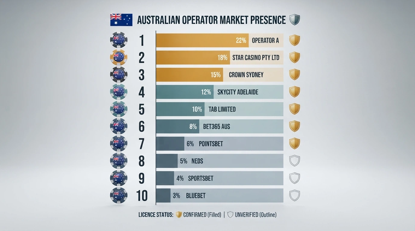 A visual comparison grid of offshore pokies operators ranked by AU market presence